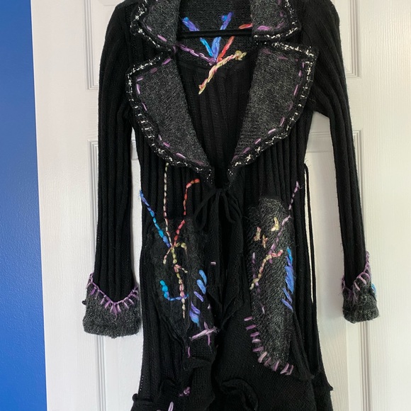 Black sweater with multi colored stitching. Front tie. - Picture 2 of 3